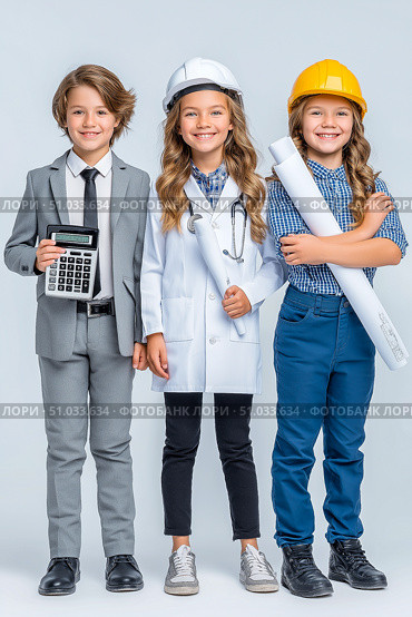 Three children dressed as professionals, one with a calculator, another in a hard hat and goggles, and the last holding blueprints, showcasing future career aspirations and teamwork. Стоковое AI-изображение, AI-художник Ирина Ручушкина / Фотобанк Лори