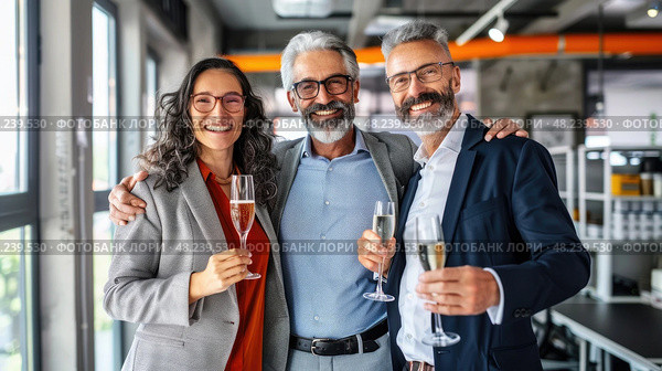 Three Colleagues Joyously Toast Their Success With a Celebratory Bottle of Champagne in Their Office Setting, Embracing Their Hard-Earned Accomplishments. Стоковое AI-изображение, AI-художник Данила Большаков / Фотобанк Лори