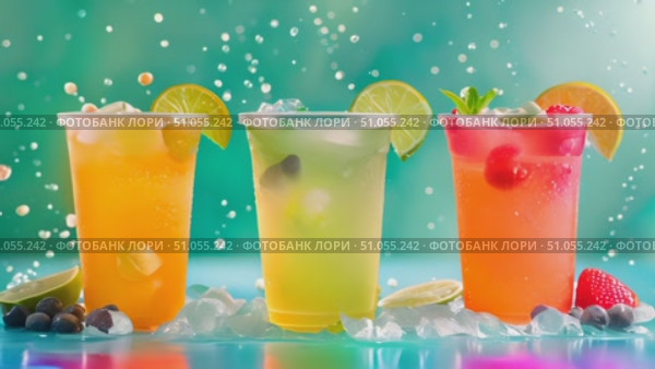 Three colorful chilled drinks garnished with fruit slices, bubbles rising in the sunny backdrop. Стоковое AI-видео, аниматор Данила Большаков / Фотобанк Лори