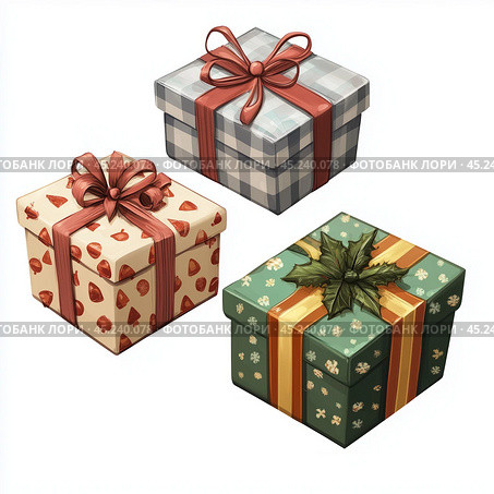 Three colorful gift boxes tied with a large bow. Стоковое AI-изображение, AI-художник Елена Зубкова / Фотобанк Лори
