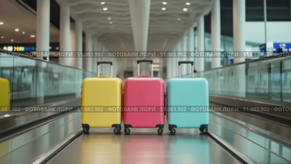 Three colorful suitcases in an airport terminal. The suitcases are yellow, pink, and blue, placed on a moving walkway. The background shows a modern airport design. Стоковое AI-видео, аниматор Nart / Фотобанк Лори