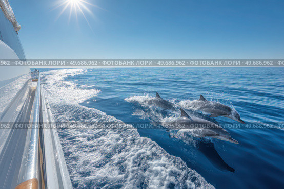 Three dolphins are swimming in the ocean. Стоковое AI-изображение, AI-художник Ярославский Максим / Фотобанк Лори