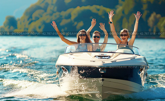 Three girls are riding a motorboat on a water drift. The concept of summer holidays. Стоковое AI-изображение, AI-художник Ярославский Максим / Фотобанк Лори