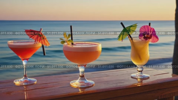 Three glass glasses with different cocktails on counter of beach bar against background of calm sea at sunset. Concept of summer vacation at resort. Slight blurred. Стоковое AI-видео, аниматор Ирина / Фотобанк Лори