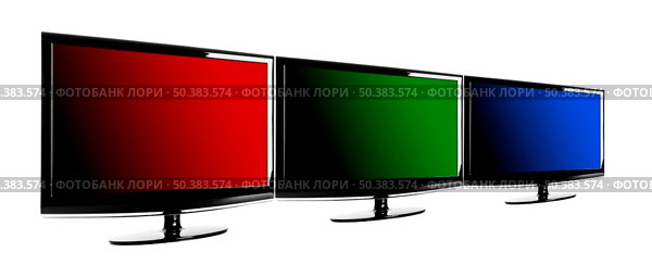 Three lcd TV’s showing the RGB colors; red, green and blue. Стоковое фото, агентство Ingram Publishing / Фотобанк Лори