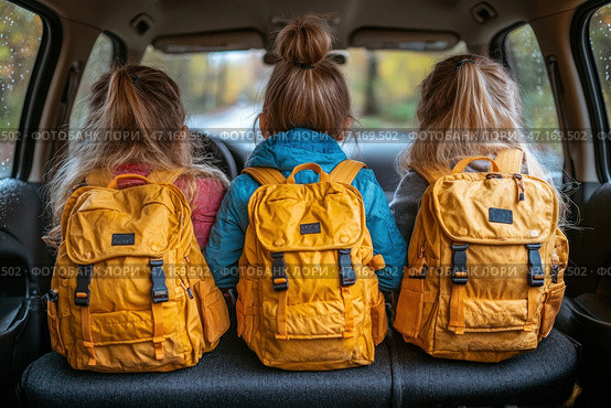 Three little girls are sitting in the backseat of a car, their backs to the camera. They all have long blonde hair, braided or tied in ponytails, and are carrying identical yellow backpacks. They are wearing different jackets: blue, gray, and pink. Judging by the setting, it is morning, and they are probably going to school or on an excursion. An autumn forest is visible outside the car window, and there are raindrops on the glass, which creates a cozy atmosphere of travel. Стоковое AI-изображение, AI-художник Анна Кривицкая / Фотобанк Лори
