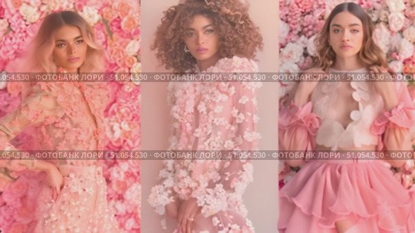 Three models in elegant dresses stand in front of a wall covered in colorful flowers. They strike different poses and showcase the beauty of the floral backdrop. Стоковое AI-видео, аниматор Данила Большаков / Фотобанк Лори