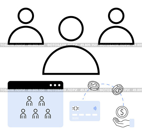 Three outline figures connected to web, v07page with user icons, credit card, hand with coins, indicating money transfer. Ideal for business, networking, finance, online transactions, social media web, v07. Online Networking and Financial Transactions Represented by Figures and Icons. Стоковая иллюстрация, агентство Ingram Publishing / Фотобанк Лори