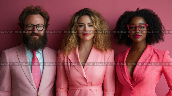 Three people dressed in coordinating pink outfits pose together in front of a matching backdrop, highlighting their fashion-forward choices. Стоковое AI-изображение, AI-художник Данила Большаков / Фотобанк Лори