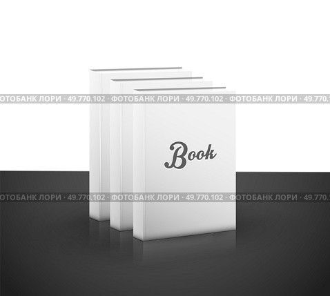 Three white books standing upright side by side on a dark reflective surface. Ideal for educational purposes, marketing campaigns, publishing industry, book cover designs, and branding. Clean modern. Minimalist 3D Representation of Blank Books with Simple Cover Design for Branding. Стоковая иллюстрация, агентство Ingram Publishing / Фотобанк Лори