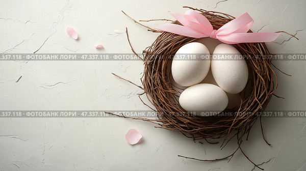Three white eggs nestled in a decorative nest with pink ribbon, copy space. В гнезде из веточек лежат три белых яйца, изящно украшенные розовой лентой. Лепестки разбросаны вокруг композиции, создавая безмятежную атмосферу. Стоковое AI-изображение, AI-художник Katsiaryna Repich / Фотобанк Лори