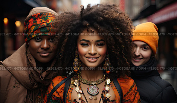 Three women with radiant smiles stand side by side, their camaraderie evident in their synchronized poses. Стоковое AI-изображение, AI-художник Данила Большаков / Фотобанк Лори