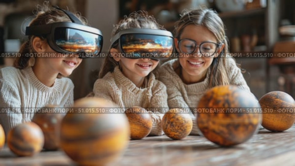 Three young girls immerse themselves in an exciting virtual reality experience, exploring planets while sitting indoors during a sunny day. Стоковое AI-видео, аниматор Данила Большаков / Фотобанк Лори