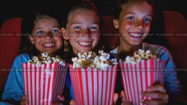 Three youthful females stand in a movie theater, each holding a bucket of popcorn as they prepare to enjoy a film together. Стоковое AI-видео, аниматор Данила Большаков / Фотобанк Лори