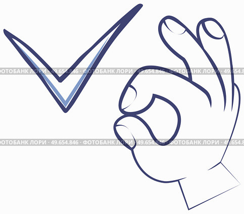 Tick sign element and hand gesture showing Ok sign. Checkmark icon isolated on white background. Simple mark graphic design. OK button for vote, decision, web. Symbol of correct, check, approved. Tick sign element and hand gesture showing Ok sign. Simple mark graphic design. OK button. Стоковая иллюстрация, агентство Ingram Publishing / Фотобанк Лори