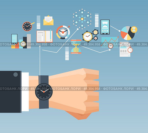 Time Management Concept Flat Composition Poster . Time management planning and control concept for effiecient succesful and profitable business flat composition poster vector illustration    . Стоковая иллюстрация, агентство Ingram Publishing / Фотобанк Лори