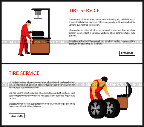 Tire service and automobile workshop color card, professional equipment for wheels servicing or alignment process, working men isolated text sample. Tire Service and Automobile Workshop Color Card. Стоковая иллюстрация, агентство Ingram Publishing / Фотобанк Лори