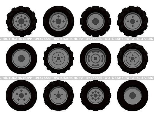Tire service, vector emblem in cartoon style. Set of new wheels for changing, studded and smooth tires, for winter and summer season, job theme isolated. Tire Service, Vector Emblem, in Cartoon Style. Стоковая иллюстрация, агентство Ingram Publishing / Фотобанк Лори