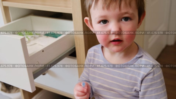 Toddler baby opened the cabinet drawer with syringe and medicine. Child boy holding a pack of pills in the home living room. Kid aged about two years (age one year nine months) Стоковое видео, видеограф Андрей Журавлев / Фотобанк Лори