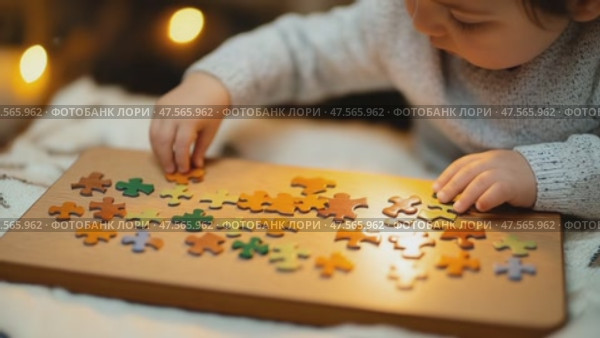 Toddler solving colorful wooden puzzle on cozy blanket. Стоковое AI-видео, аниматор Юрий Поздников / Фотобанк Лори
