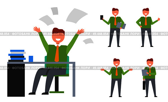 Too emotional happy businessman because of getting promotion or good words from boss, icons of him standing with phone vector illustration. Too Emotional Businessman Vector Illustration. Стоковая иллюстрация, агентство Ingram Publishing / Фотобанк Лори