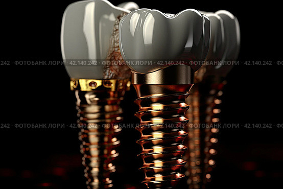 Tooth implant and teeth on a black background. Стоковое AI-изображение, AI-художник Ирина Михайличенко / Фотобанк Лори