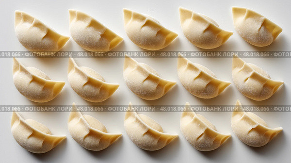 Top Down View of Raw Dumplings Evenly Arranged on White Background. Вид сверху вниз на сырые пельмени, равномерно разложенные на белом фоне. Стоковое AI-изображение, AI-художник Katsiaryna Repich / Фотобанк Лори