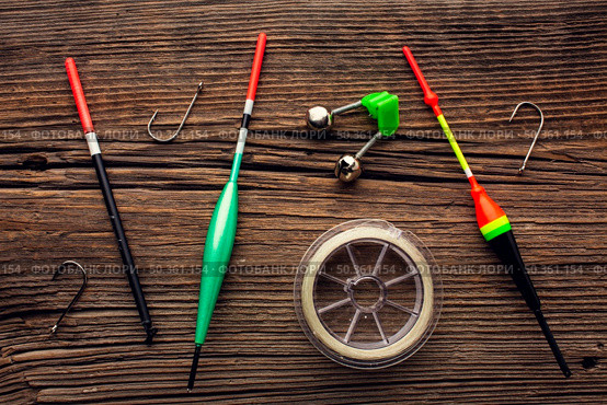 top view fishing equipment with hooks. Стоковое фото, агентство Ingram Publishing / Фотобанк Лори