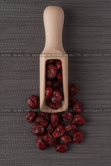 Top view of wooden scoop with dried cranberries against grey vinyl background. Стоковое фото, агентство Ingram Publishing / Фотобанк Лори