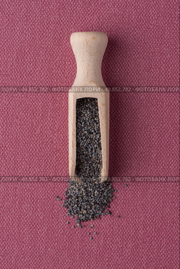 Top view of wooden scoop with poppy seeds against pink vinyl background. Стоковое фото, агентство Ingram Publishing / Фотобанк Лори