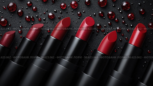 Top view row of passion red lipsticks displayed against black background. Beauty industry and fashion concept. Copy space. Advertisement for makeup artists. Стоковое AI-изображение, AI-художник Ирина Михайличенко / Фотобанк Лори