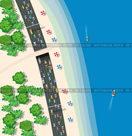 Top view urban road transport. High-speed highway with cars buses and trucks. Top view urban road transport. Стоковая иллюстрация, агентство Ingram Publishing / Фотобанк Лори