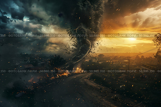 Tornado tearing through a town, illustrating the impact of natural disasters. Concept: Aftermath of natural disasters. For educational, emergency preparedness, and insurance materials. Стоковое AI-изображение, AI-художник Лариса Пономарева / Фотобанк Лори