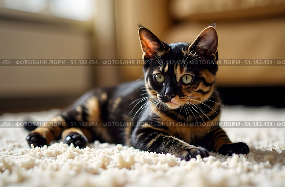 Tortoiseshell cat with striking fur pattern lies on plush white carpet, realistic photo style, warm indoor living room background, concept of comfort and relaxation. Стоковое AI-изображение, AI-художник Александра Рублева / Фотобанк Лори