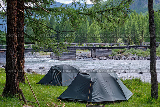 Tourist camp on the bank of Altai river Bashkaus. On background old wooden damaged bridge over river.. Стоковое фото, фотограф Сергей Пристяжнюк (Serg Zastavkin) / Фотобанк Лори