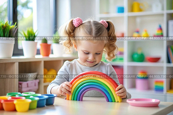 Toys. A little girl is playing educational games. A rainbow-shaped children's toy, colored pyramids and logic toys for children. Montessori games for child development. Стоковое AI-изображение, AI-художник Photojuli / Фотобанк Лори