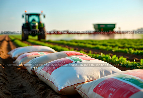 Tractor cultivate field, tractor spraying vineyard with fungicide, sprayer machine, trailed by tractor, sprinkles pesticides among rows of vineyards. Стоковое AI-изображение, AI-художник Ирина Старикова / Фотобанк Лори