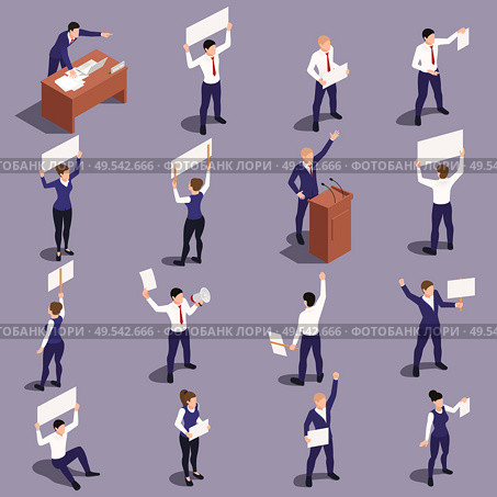 Trade labor union employees defending their rights holding banners picket signs isometric figures set gray background vector illustration. Стоковая иллюстрация, агентство Ingram Publishing / Фотобанк Лори