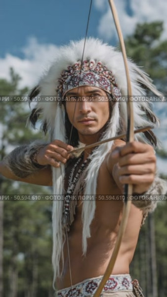Traditional archer aiming with bow in forest scenery. Стоковое AI-видео, аниматор Юрий Поздников / Фотобанк Лори