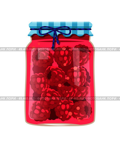 Traditional granny raspberry marmalade in rustic decorated glass jar. Sweet berry confiture or jam homemade conservation vector illustration isolated.. Raspberry Jam or Berry Marmalade in Glass Jar. Стоковая иллюстрация, агентство Ingram Publishing / Фотобанк Лори