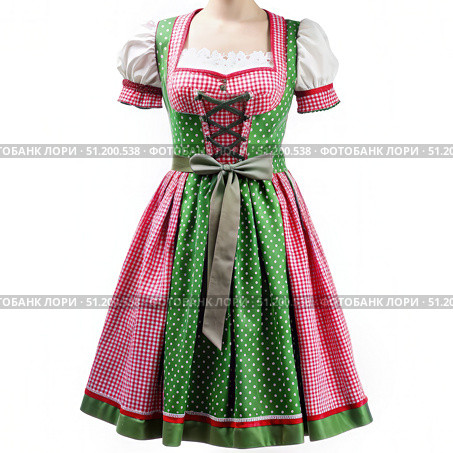 Traditional Green and Red Dirndl Dress With White Blouse and Green Ribbon. Generative AI. Стоковое AI-изображение, AI-художник Roman Zavorotny / Фотобанк Лори