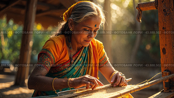 Traditional Indian weaver crafting on handloom in village settingries. Стоковое AI-изображение, AI-художник Анна Маркина / Фотобанк Лори