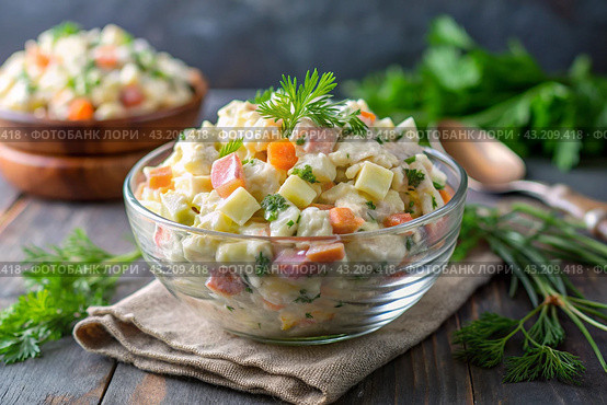 Traditional Russian Olivier salad for a feast on a plate on a wooden countertop. generative AI. Стоковое AI-изображение, AI-художник Photojuli / Фотобанк Лори
