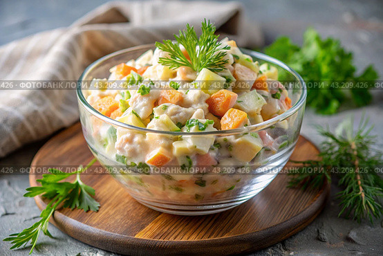 Traditional Russian Olivier salad for a feast on a plate on a wooden countertop. generative AI. Стоковое AI-изображение, AI-художник Photojuli / Фотобанк Лори