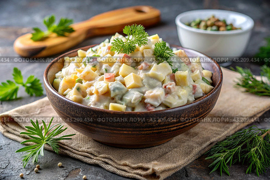 Traditional Russian Olivier salad for a feast on a plate on a wooden countertop. generative AI. Стоковое AI-изображение, AI-художник Photojuli / Фотобанк Лори