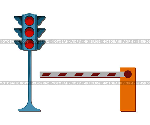Traffic lights with red color and barrier not allowing to enter vector illustration isolated on white. Prohibited entrance signs, closed way concept. Traffic Lights Red Barrier Not Allowing to Enter. Стоковая иллюстрация, агентство Ingram Publishing / Фотобанк Лори