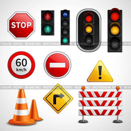 Traffic signs and lights pictograms collection . Road traffic flow regulatory signs and stoplights colorful glossy pictograms collection educative banner realistic vector isolated illustration. Стоковая иллюстрация, агентство Ingram Publishing / Фотобанк Лори