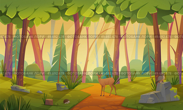 Trail in woods landscape summer scene illustration. Path between trees, green grass, forest wild animals, bushes and leaves on trees. Nature scene of garden or natural park in daylight, adventure time. Trail in woods landscape summer scene. Path between trees, green grass, forest wild animals, bushes. Стоковая иллюстрация, агентство Ingram Publishing / Фотобанк Лори