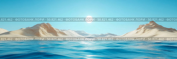 Tranquil Beach Scene: Serene Ocean with Pale Sand Dunes Under a Bright Sky, Summertime Escape. Стоковое AI-изображение, AI-художник Данила Большаков / Фотобанк Лори