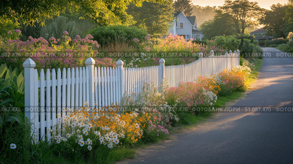 Tranquil country road with a white picket fence and blooming flowers. Стоковое AI-изображение, AI-художник Katsiaryna Repich / Фотобанк Лори